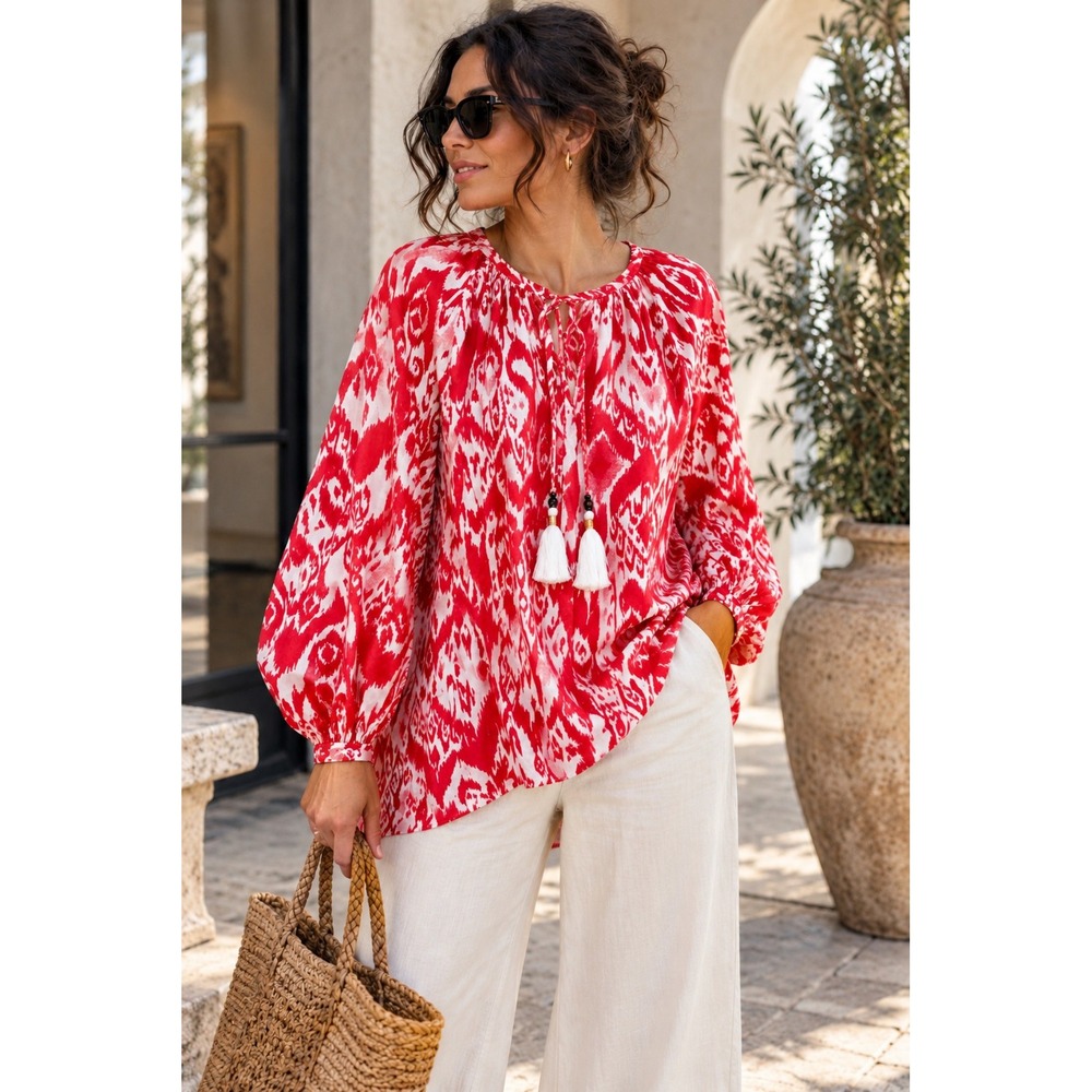 Chico's Ikat Print Tassel Tie Peasant Blouse Red White Modal Size 2 L